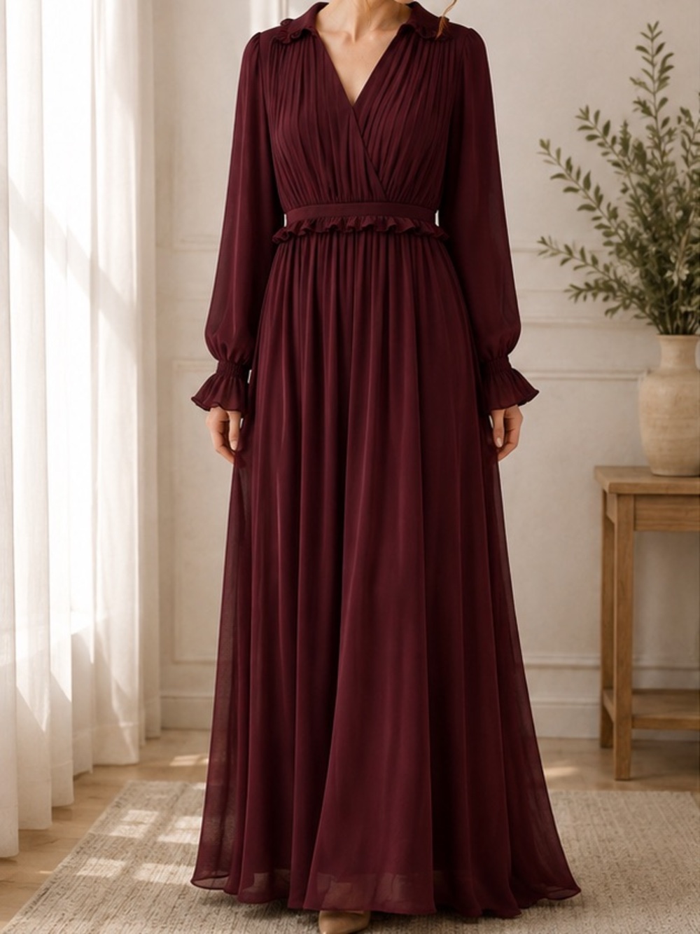 Dress Forum - Elegant Long Sleeve V-Neck Maxi Dress in Burgundy - Picture 2 of 8